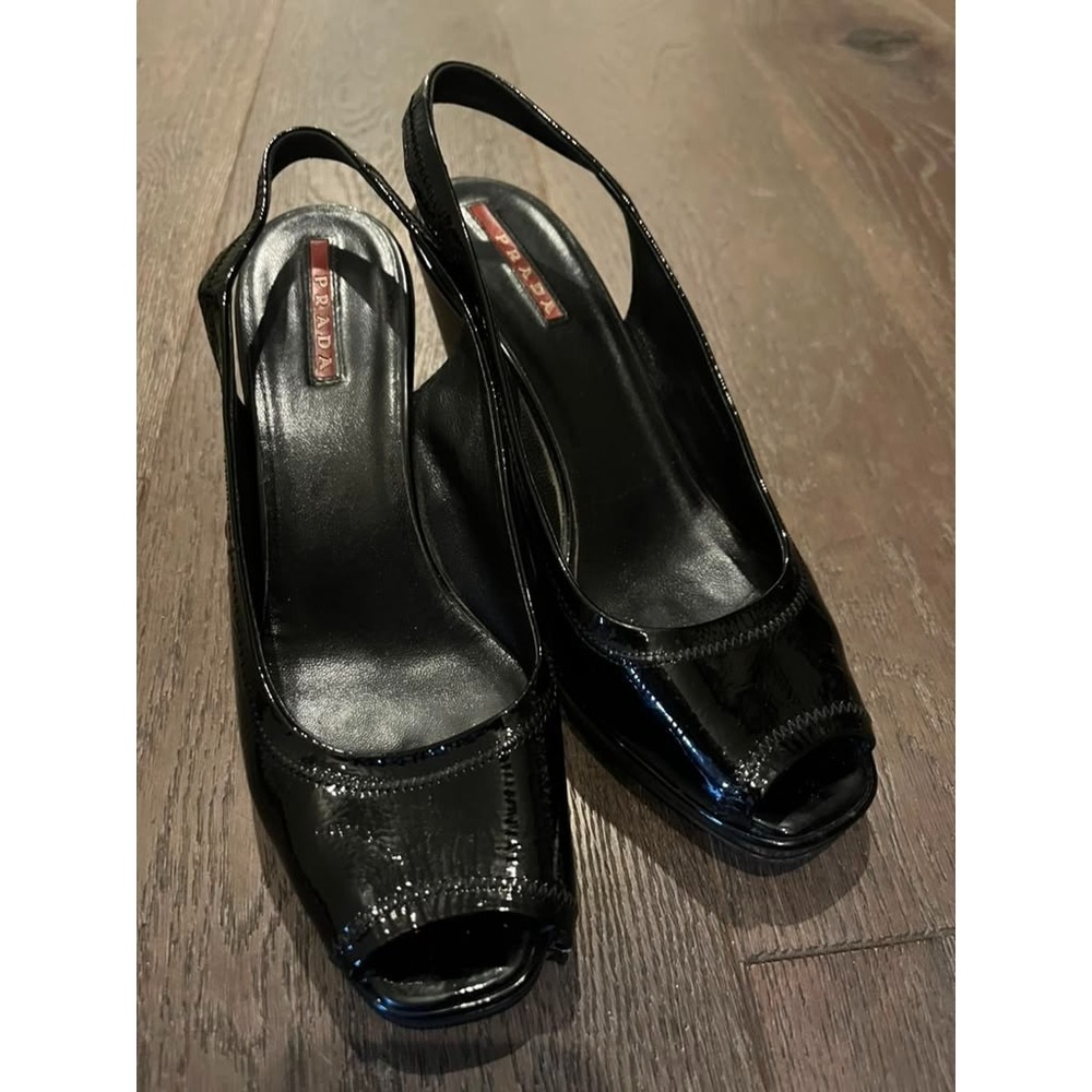 Authentic Prada Black Patent Leather Peep Toe Slingback Wedge Heels Women's 37.6